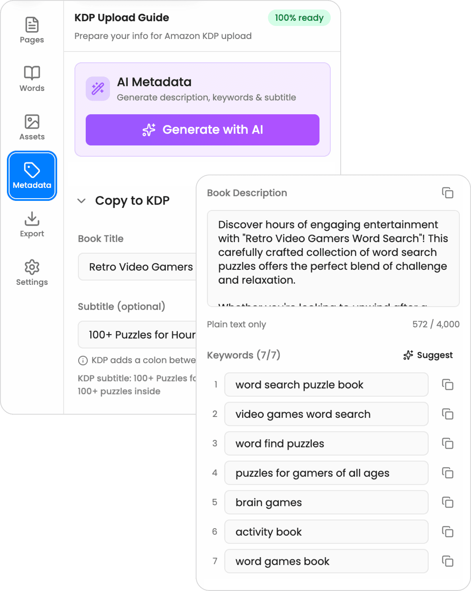 Metadata panel: KDP upload guide, AI metadata, and copy-to-KDP fields