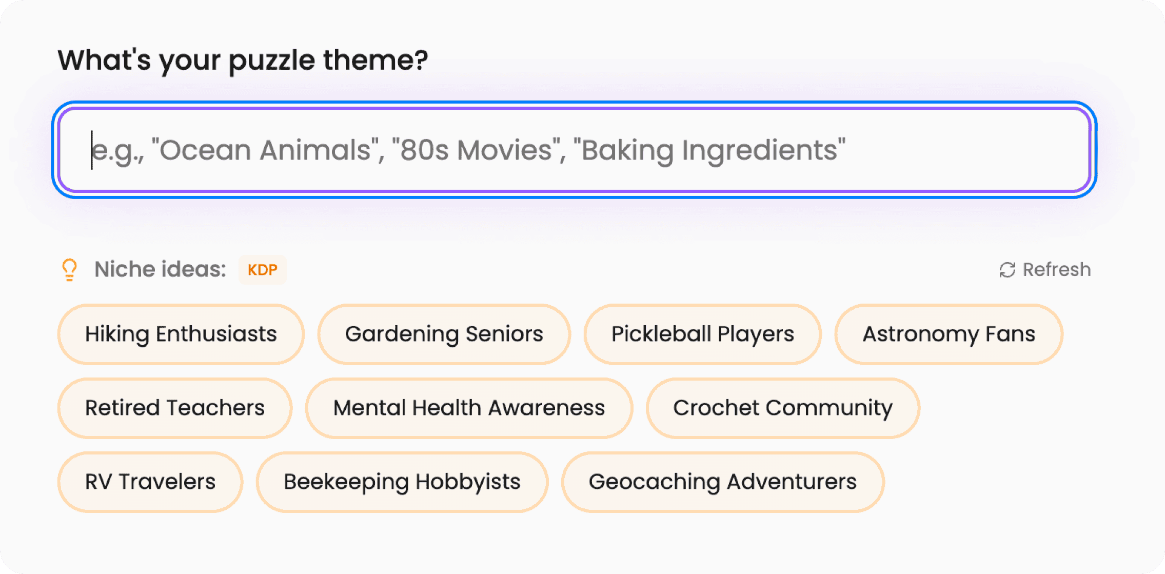 Book creation: choose a theme or niche, AI suggests ideas and generates words and puzzles